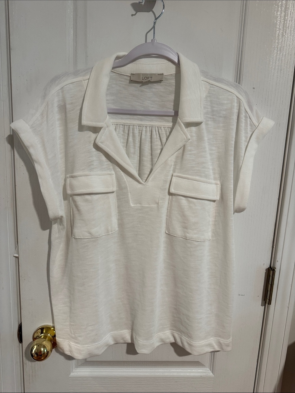 LOFT Cream Short-Sleeve Polo Tunic with Front Flap Pockets